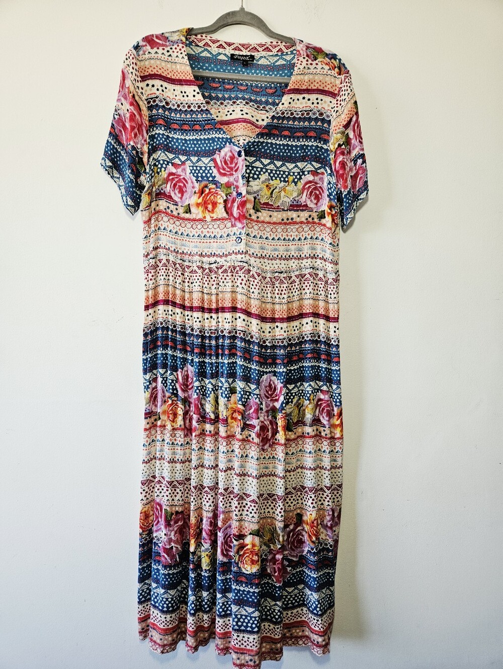 Vintage Papa Vancouver Floral Maxi Dress Size L Boho V Neck Short Sleeve - Picture 2 of 6